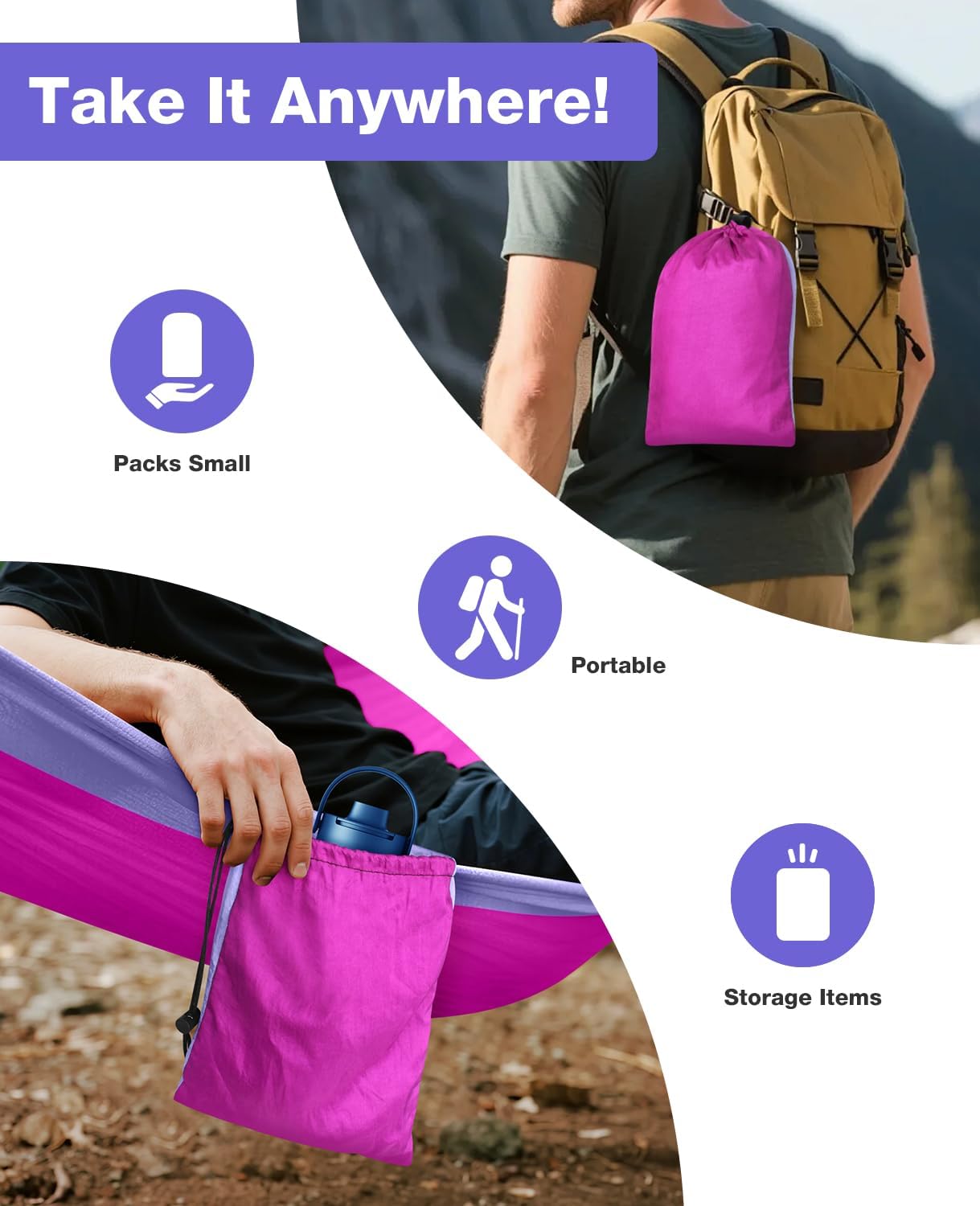 Camping Hammock, Lightweight Parachute Hammock Up to 700lbs with 2 Tree Straps and Attached Carry Bag Portable