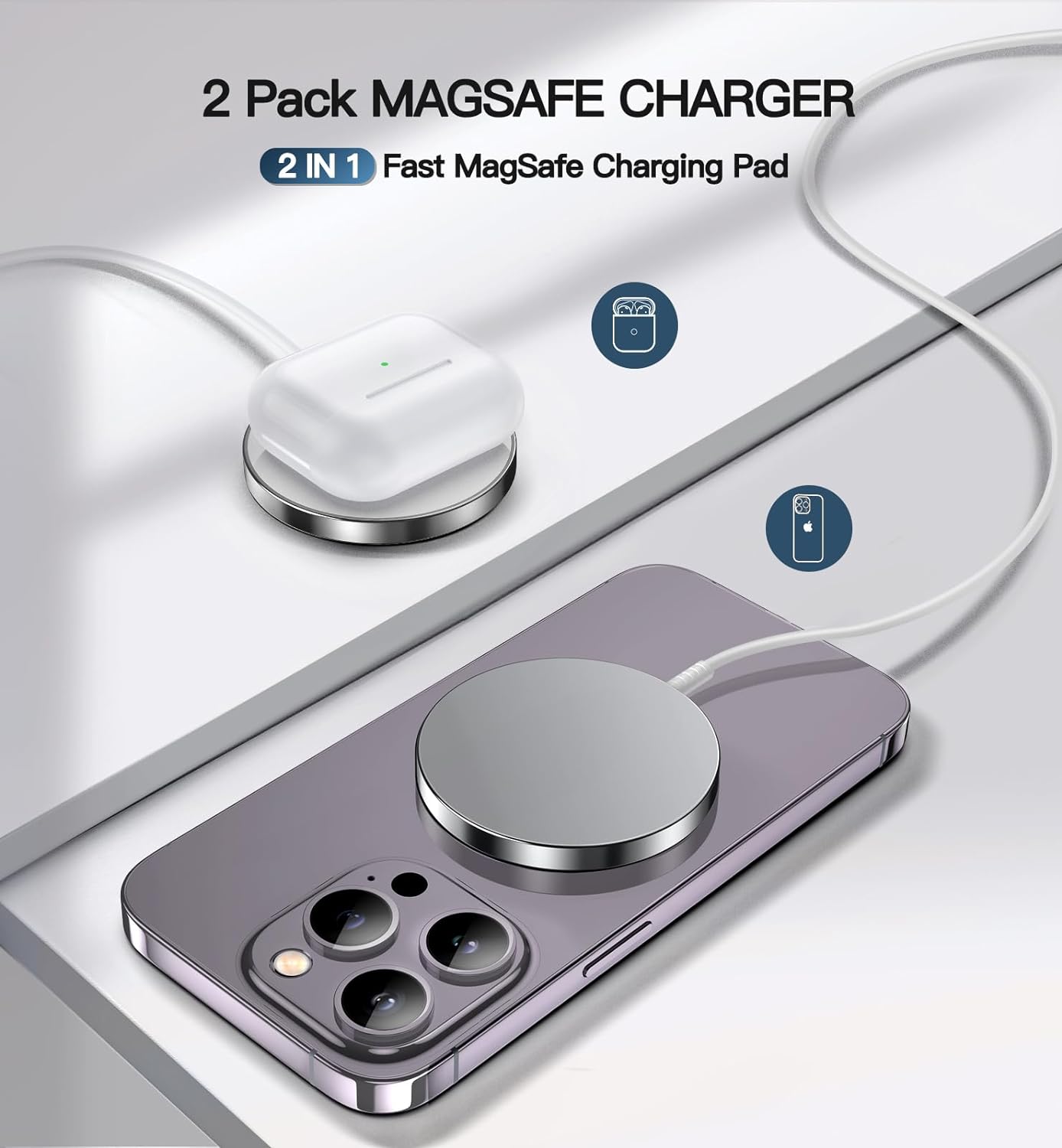 Magnetic Wireless Charger, 2-Pack 15W Fast Mag-Safe Stand for iPhone 17-12 | Fast Magnetic Wireless Charging Pads for