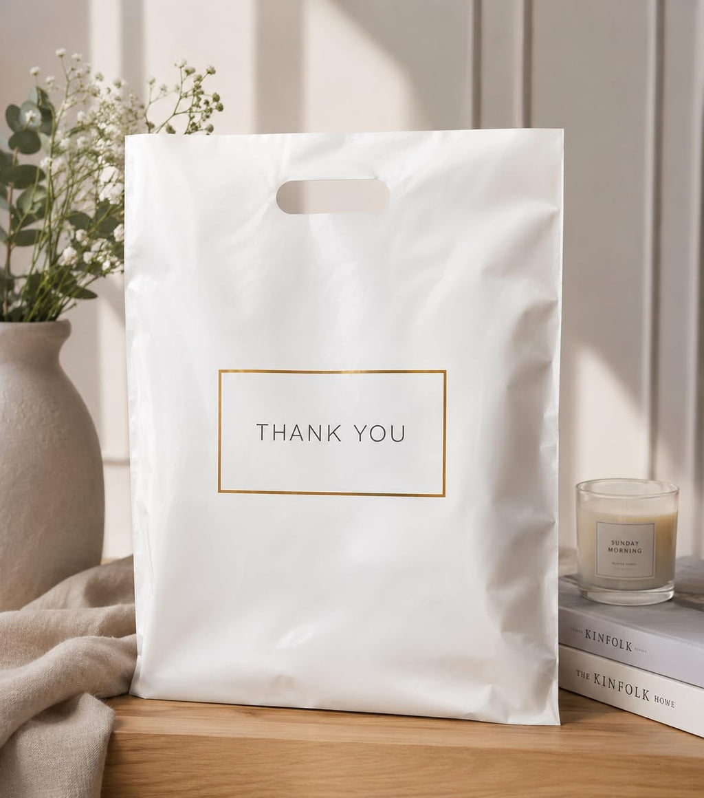 White Plastic Shopping Bags with Handles, Thank You Boutique Retail Bags, Large 16" x 18", 100 Pack for Merchandise