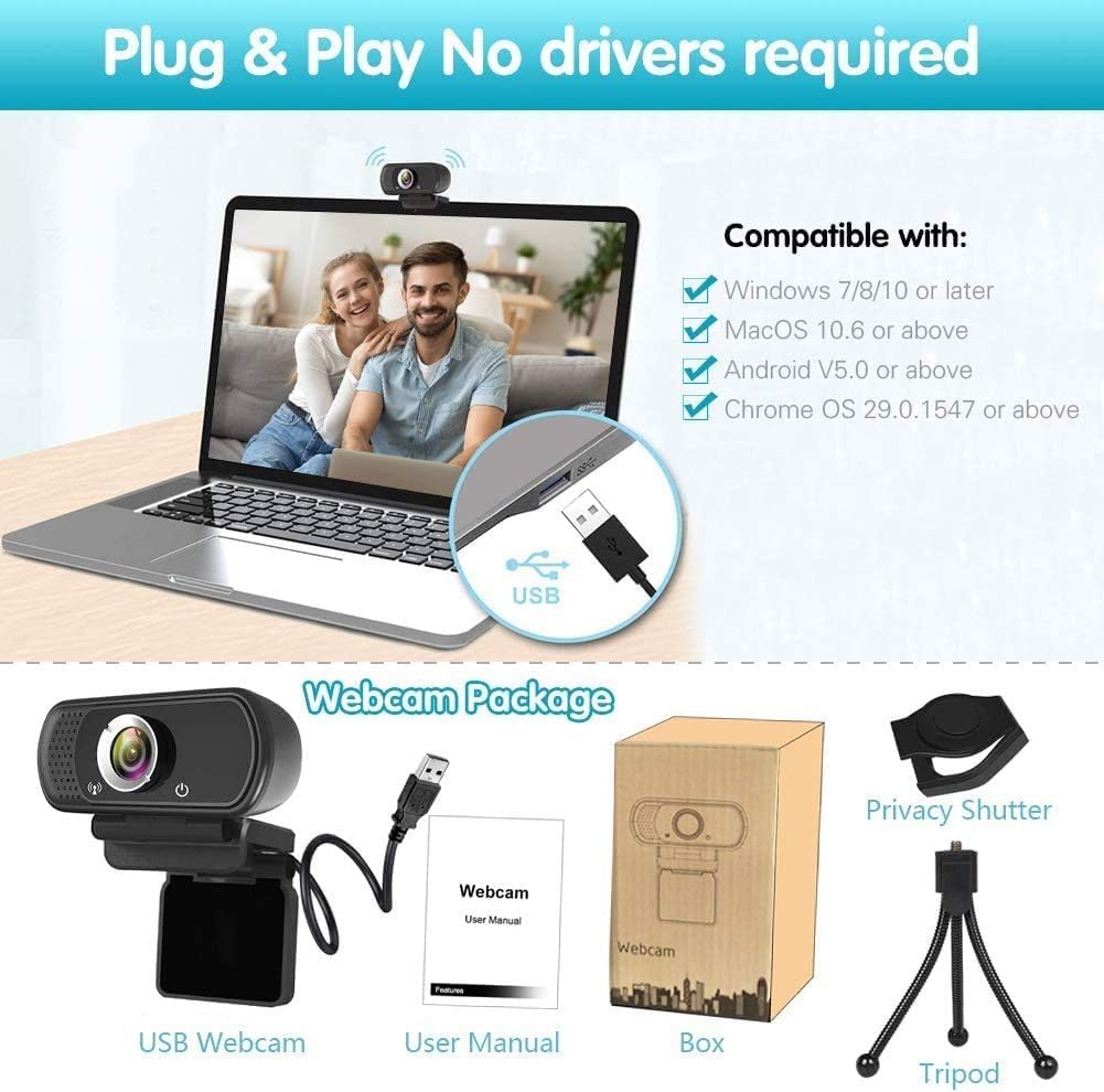1080P Webcam with Microphone, USB Web HD Camera for PC, Laptop&Mac | 110° Wide Angle Computer Webcam with Privacy