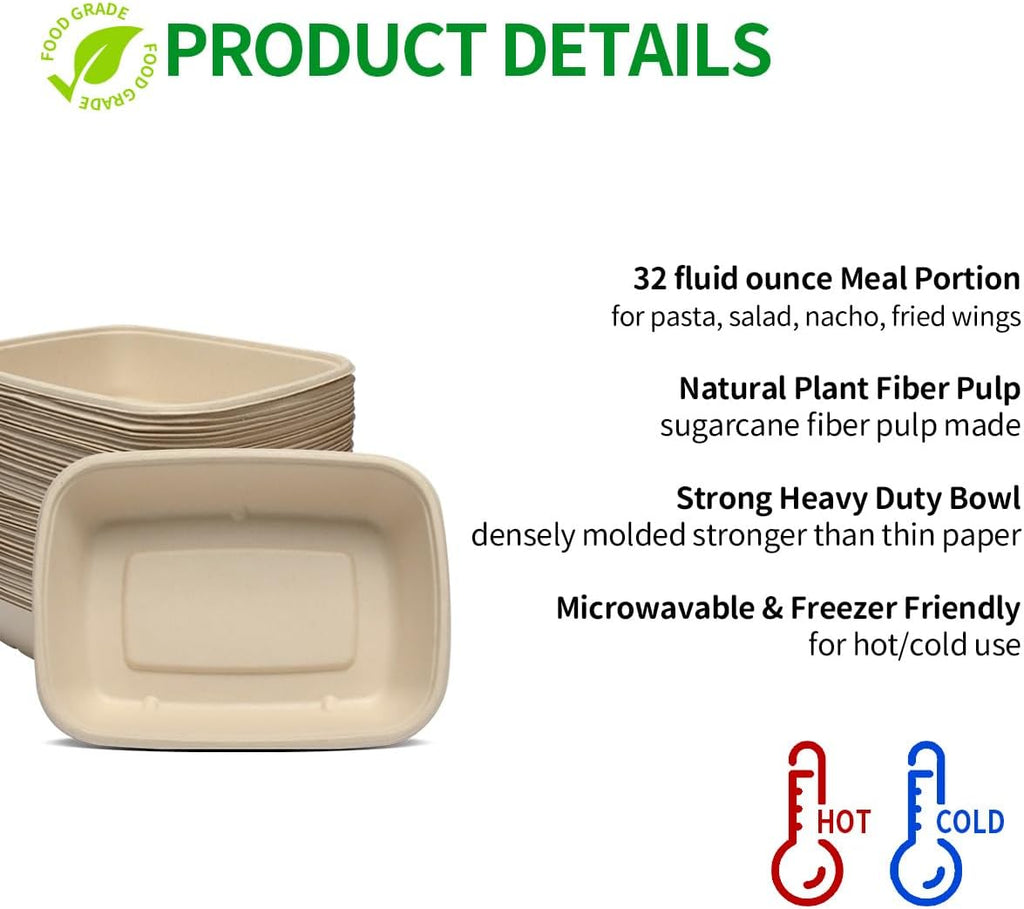 32 oz Large Rectangle Paper Bowls 100 Pack for Burrito Taco Salads