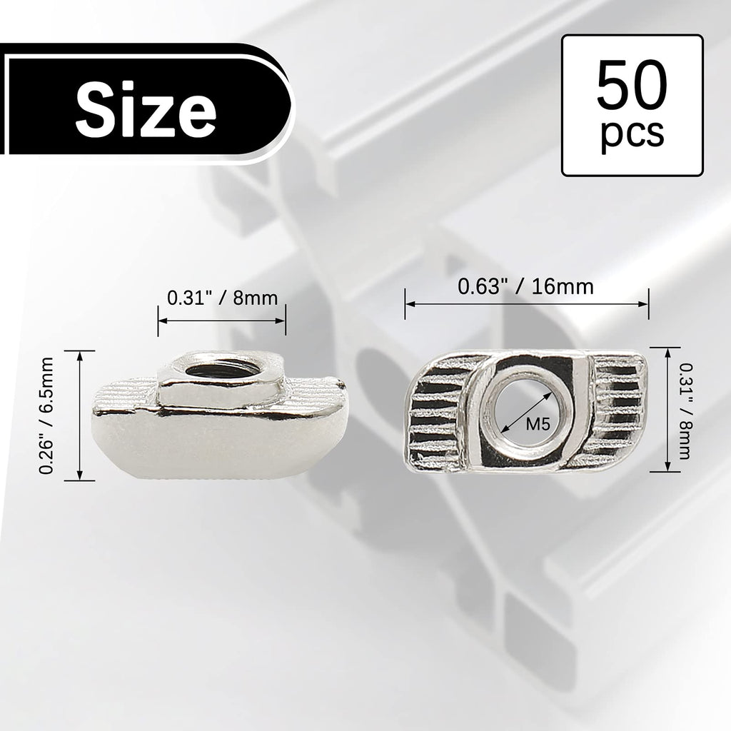 Rierdge Sliding T Nuts, M5 Thread, 8mm T-Slot, 50 Pcs