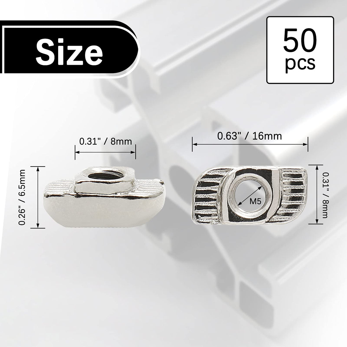 Rierdge Sliding T Nuts, M5 Thread, 8mm T-Slot, 50 Pcs