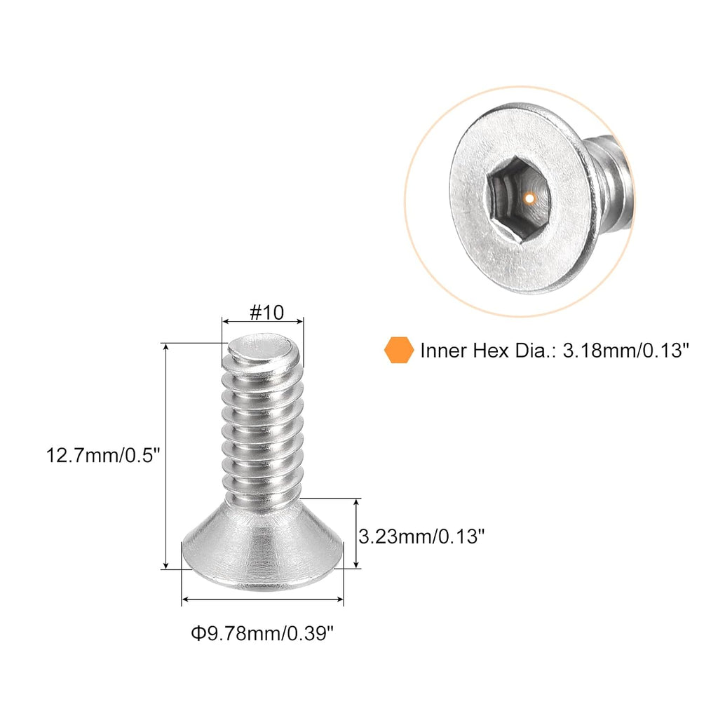 uxcell #10-24x1/2 Flat Countersunk Head Socket Cap Screws, 10Pcs 304 Stainless Steel Hex Socket Flat Head Screws, Full Thread, Countersunk Bolts