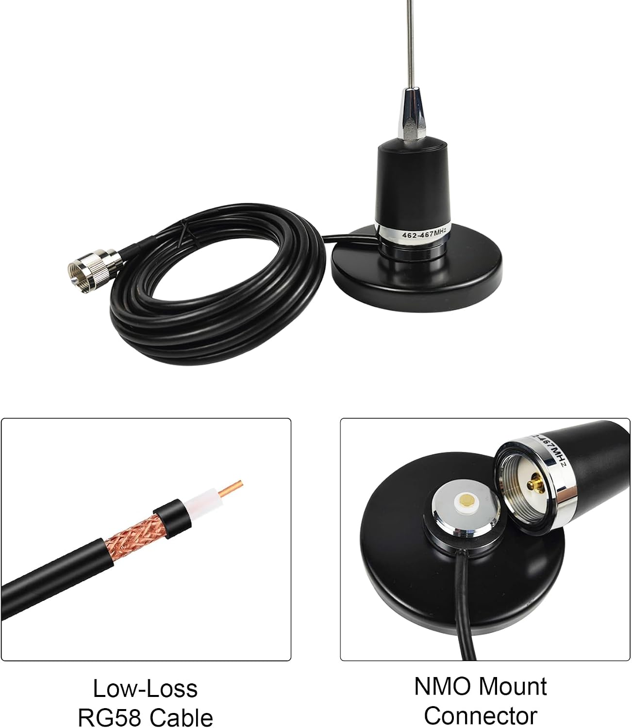 GMRS NMO Antenna 462-467Mhz UHF Mobile Whip Antenna with Magnetic Base 13ft RG58 Cable PL-259 SMA Female Connector