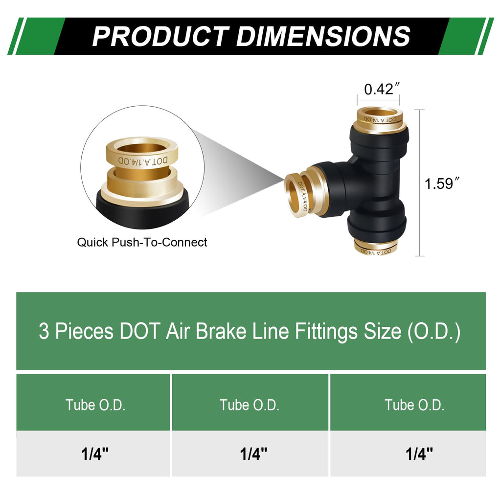 Japtend 1/4" DOT Air Brake Line Tee Fittings 3PCS, Quick Push To Connect