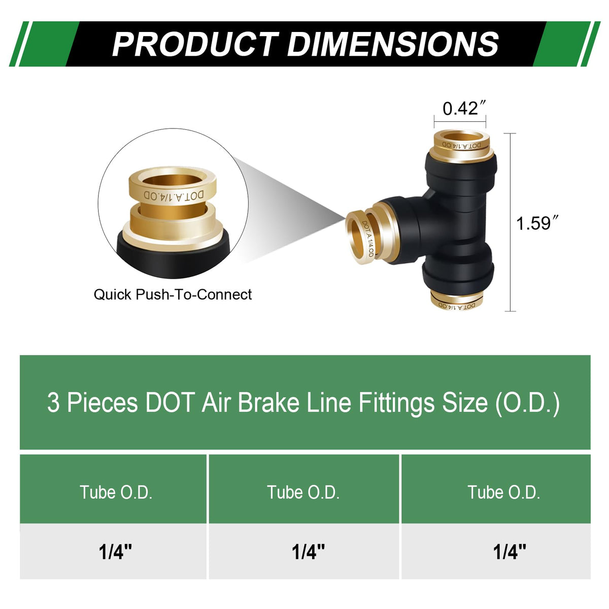 Japtend 1/4" DOT Air Brake Line Tee Fittings 3PCS, Quick Push To Connect