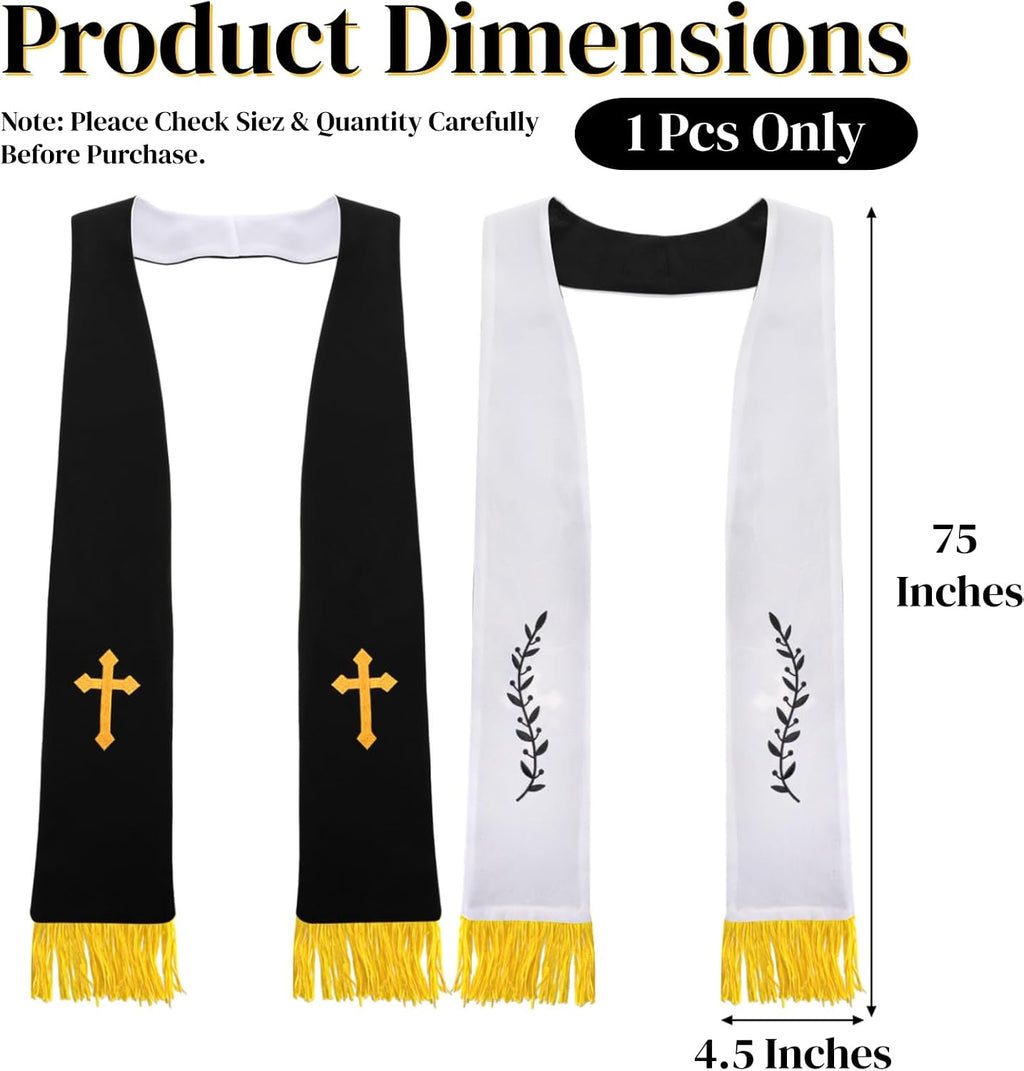 1 Pack Wedding Reversible Stole with Tassels, 75 Inch Clergy Mass Stoles with Cross, White Embroidered Priest Sash