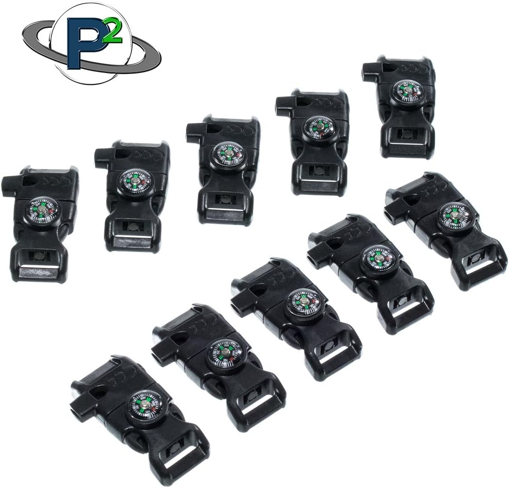 Black 5/8 Inch Compass Buckle with Flint Scraper, Fire Starter, and Whistle - Plastic Paracord Bracelet Buckle for