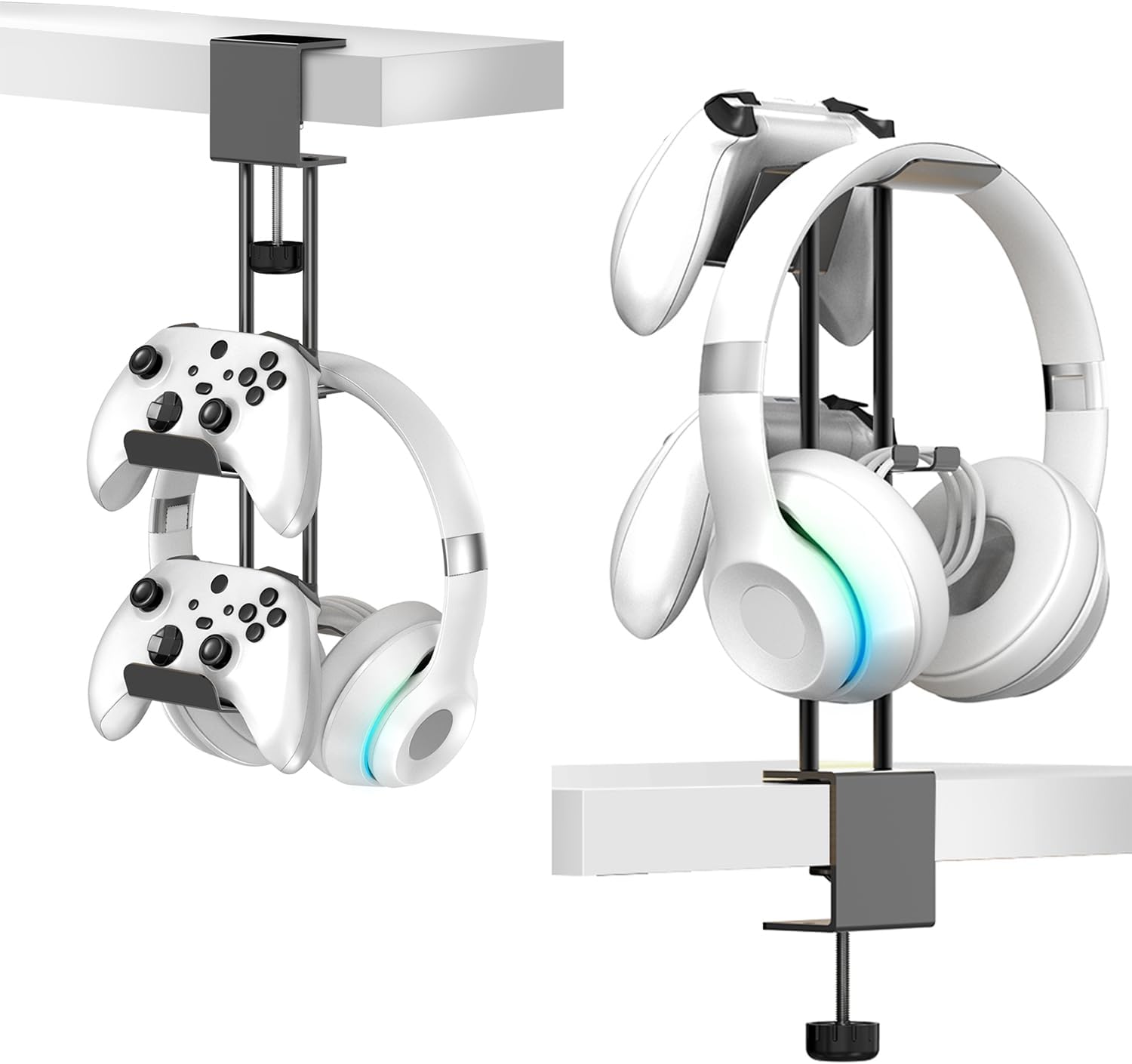 Headphone Stand with Controller Holder, Aluminum Under Desk Clamp Headset and Controller Stand - 2 in 1 Headphone