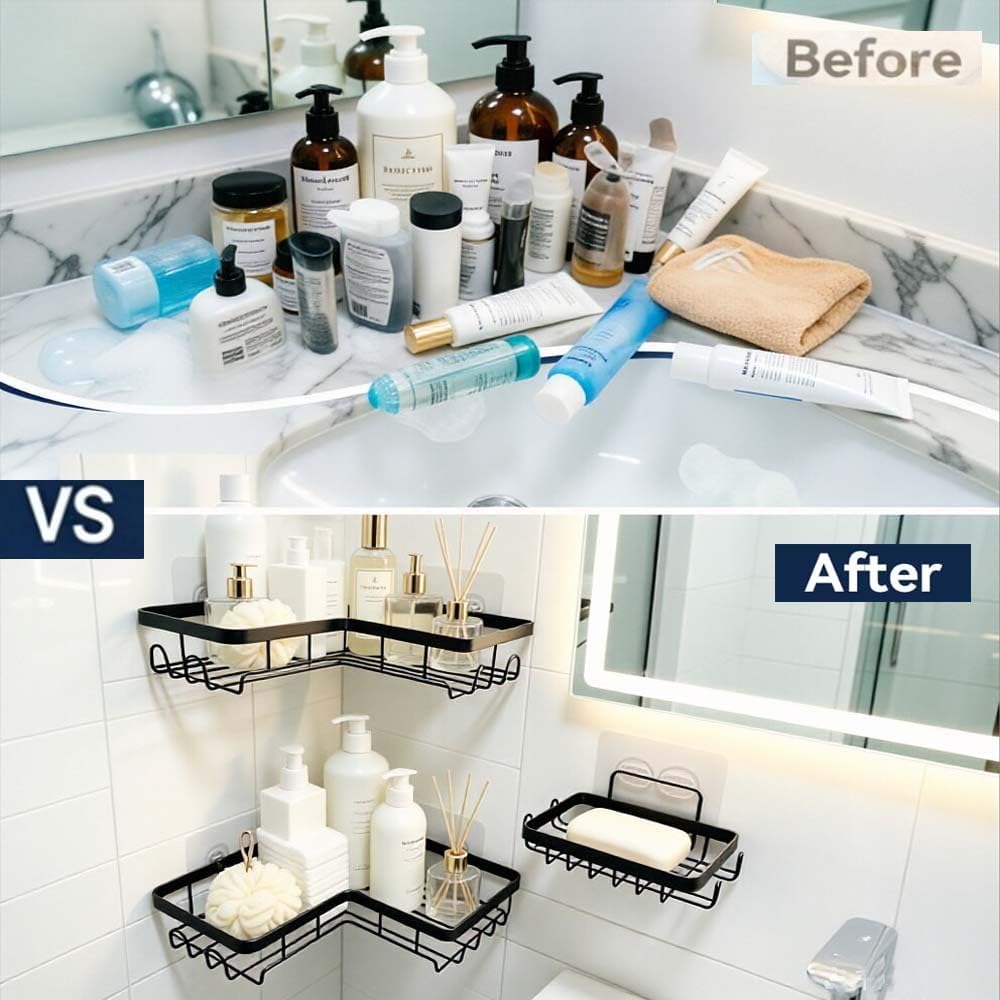 Corner Shower Caddy, 3 Pack Adhesive No-Drill Shelf, Rustproof Bathroom Organizer Rack with Hooks