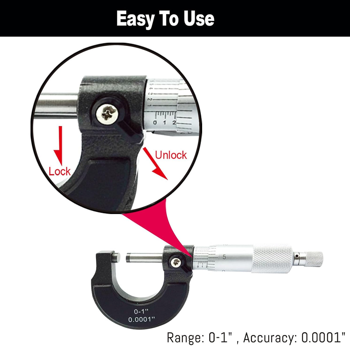 Outside Micrometer, Ratchet Stop, Lock Nut 0-1" /0.0001" Precision Machinist Tool,Accuracy 0.0001"