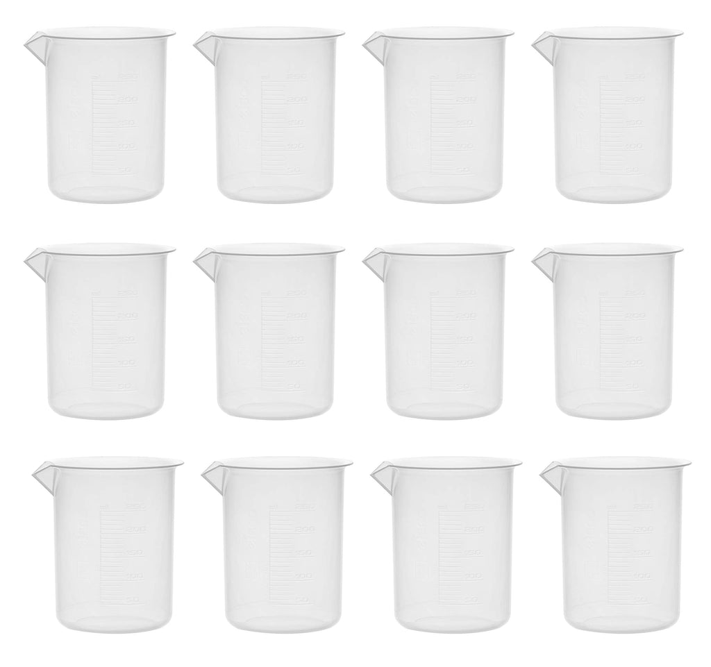 12PK Plastic Beakers, 250ml - Polypropylene Plastic - Raised Graduations, Tapered Spout - Euro Design