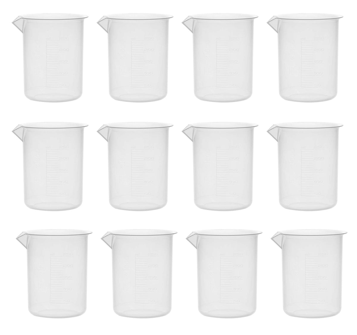 12PK Plastic Beakers, 250ml - Polypropylene Plastic - Raised Graduations, Tapered Spout - Euro Design