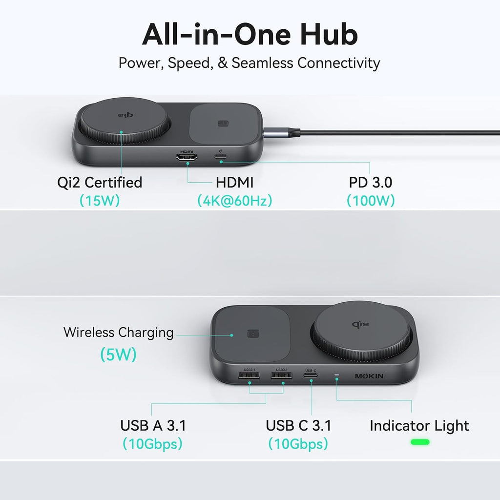 USB C Hub 15W Wireless Charger, Qi2 Certified Magsafe Charging Stand with 4K@60Hz HDMI, 100W PD, 10Gbps USB C/A, and