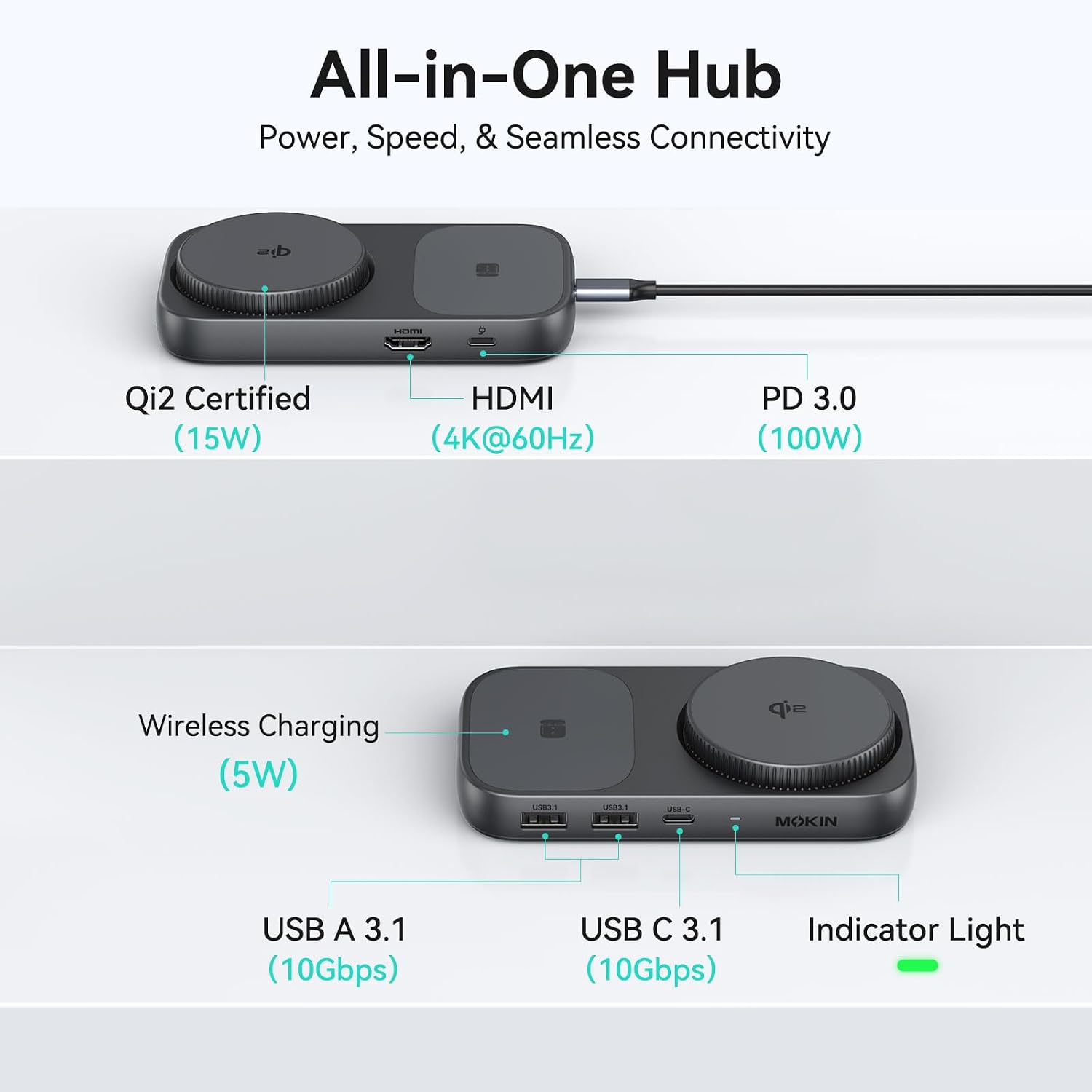 USB C Hub 15W Wireless Charger, Qi2 Certified Magsafe Charging Stand with 4K@60Hz HDMI, 100W PD, 10Gbps USB C/A, and