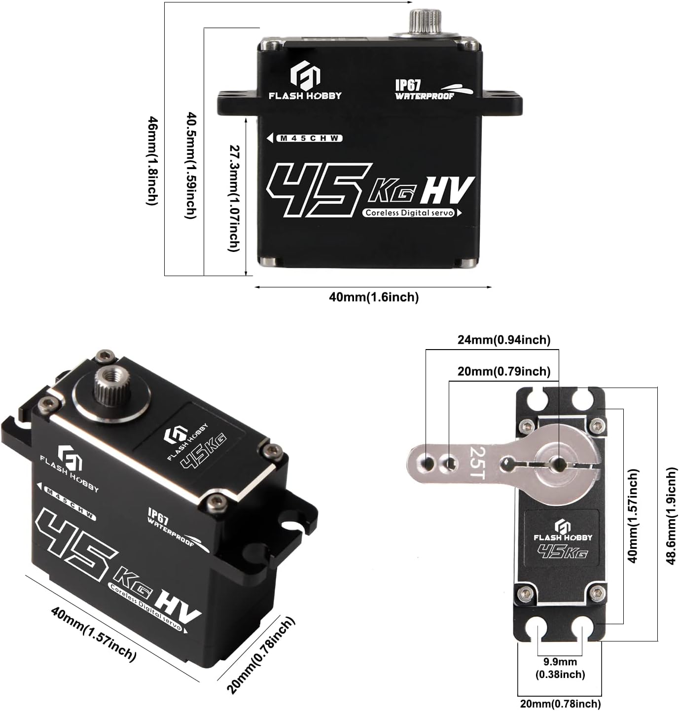 45KG Coreless Servo 8.4V High Torque Full Metal Gear Servo, IP67 Waterproof Steering RC Servo with Control Angle 270°