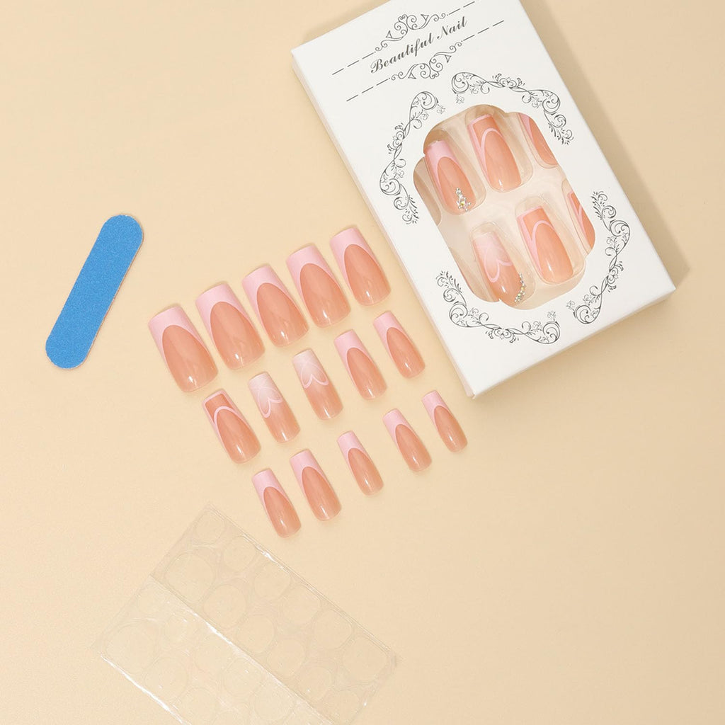 Medium Press on Nails Square Glue on Nail Light Pink French Fake Nails