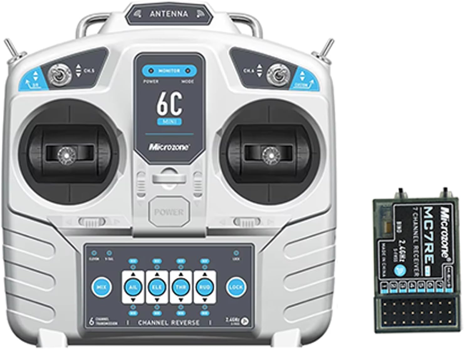 Microzone 6C-MINI 2.4GHz 6-Channel RC Transmitter with MC7RE-V2 Receiver | FHSS,PWM & SBUS Output, Built-In Antenna