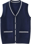 Kids School Uniform Sweater Vest V Neck Sleeveless Knit Cardigan Boys Back to School Button Knitted Tops with Pockets