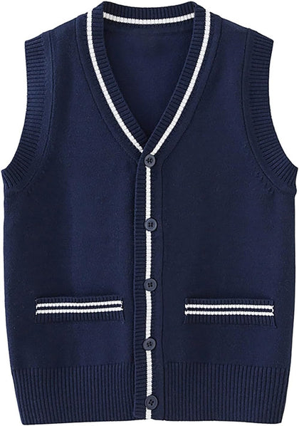 Kids School Uniform Sweater Vest V Neck Sleeveless Knit Cardigan Boys Back to School Button Knitted Tops with Pockets