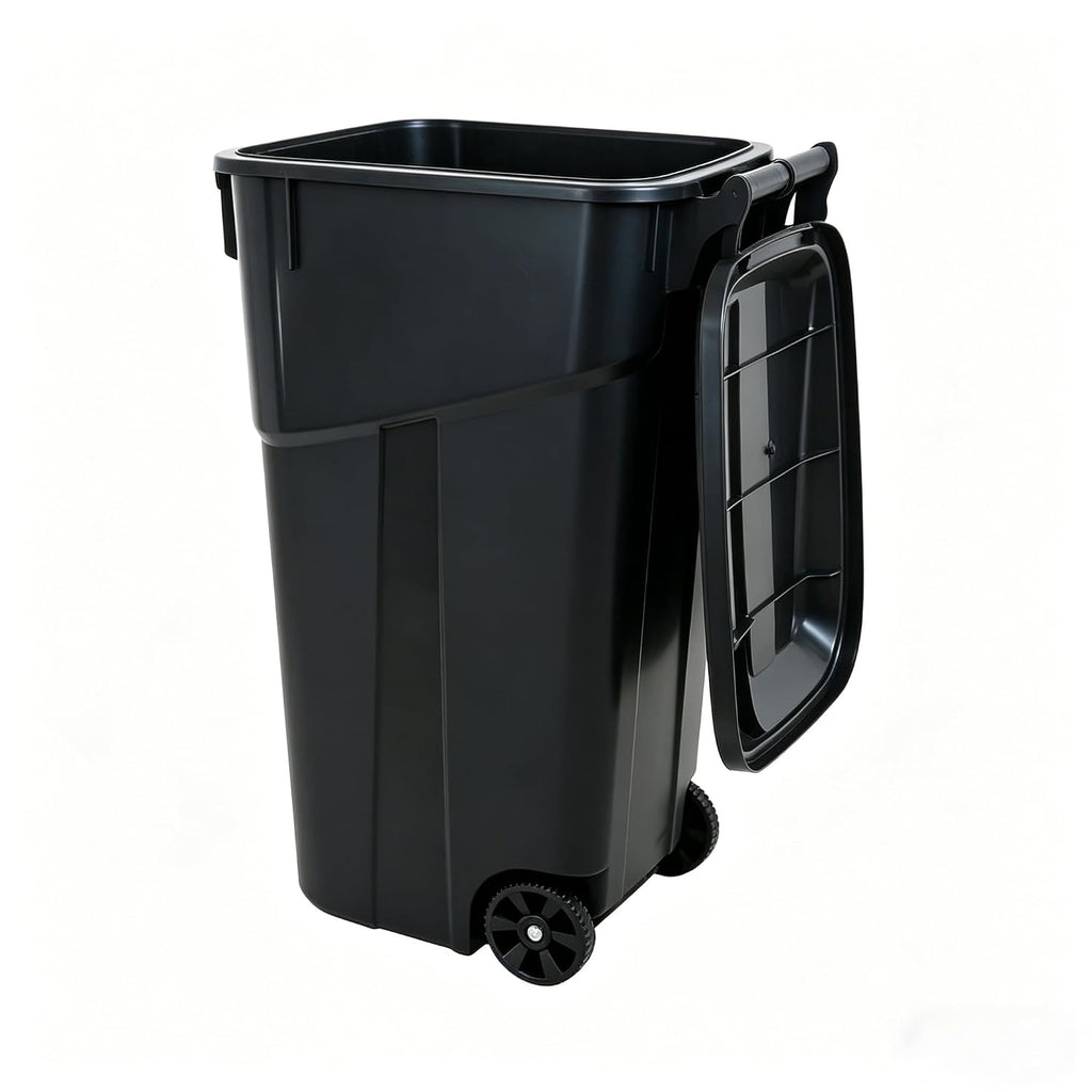 32 Gallon Wheeled Outdoor Garbage Can, Black Large Capacity Garbage Bin with Lid, Attached Snap Lock Lid and