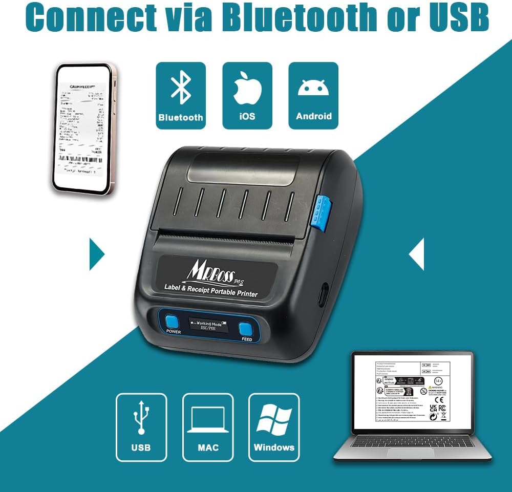 MRBOSS 80mm Portable Bluetooth Receipt Printer - Easy-to-Connect Thermal Receipt Printer with USB and Bluetooth for