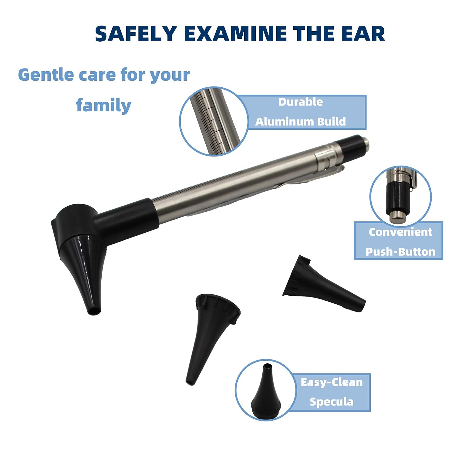 Stainless Steel Mini Diagnostic Otoscope with 3X Magnification, Bright LED Light, Clip and 3 Reusable and