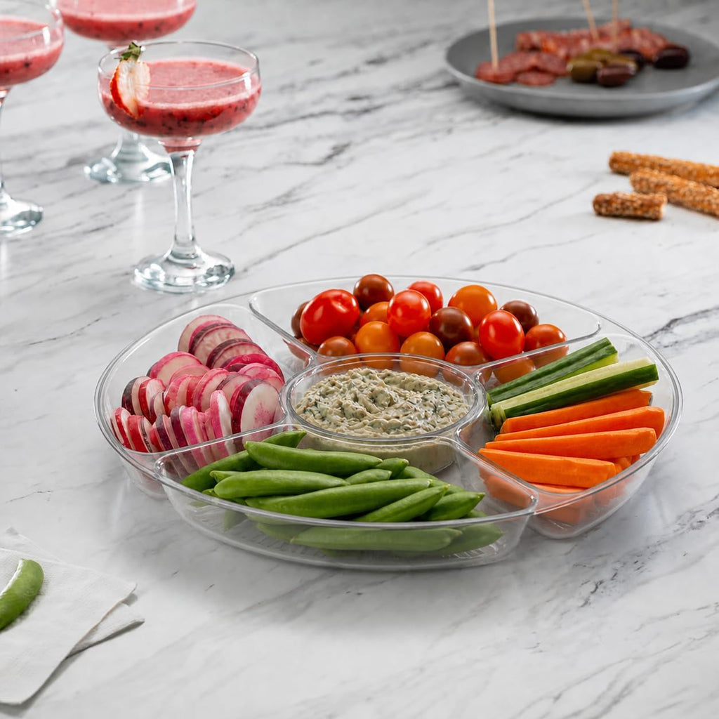 5 Sectional Round Plastic Heavy duty Serving Tray/Platters Clear Pack of 2
