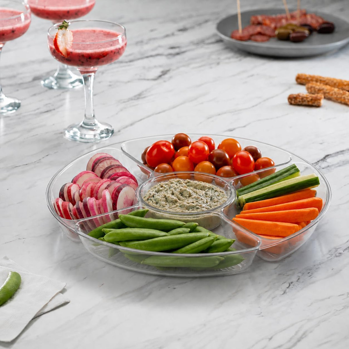 5 Sectional Round Plastic Heavy duty Serving Tray/Platters Clear Pack of 2