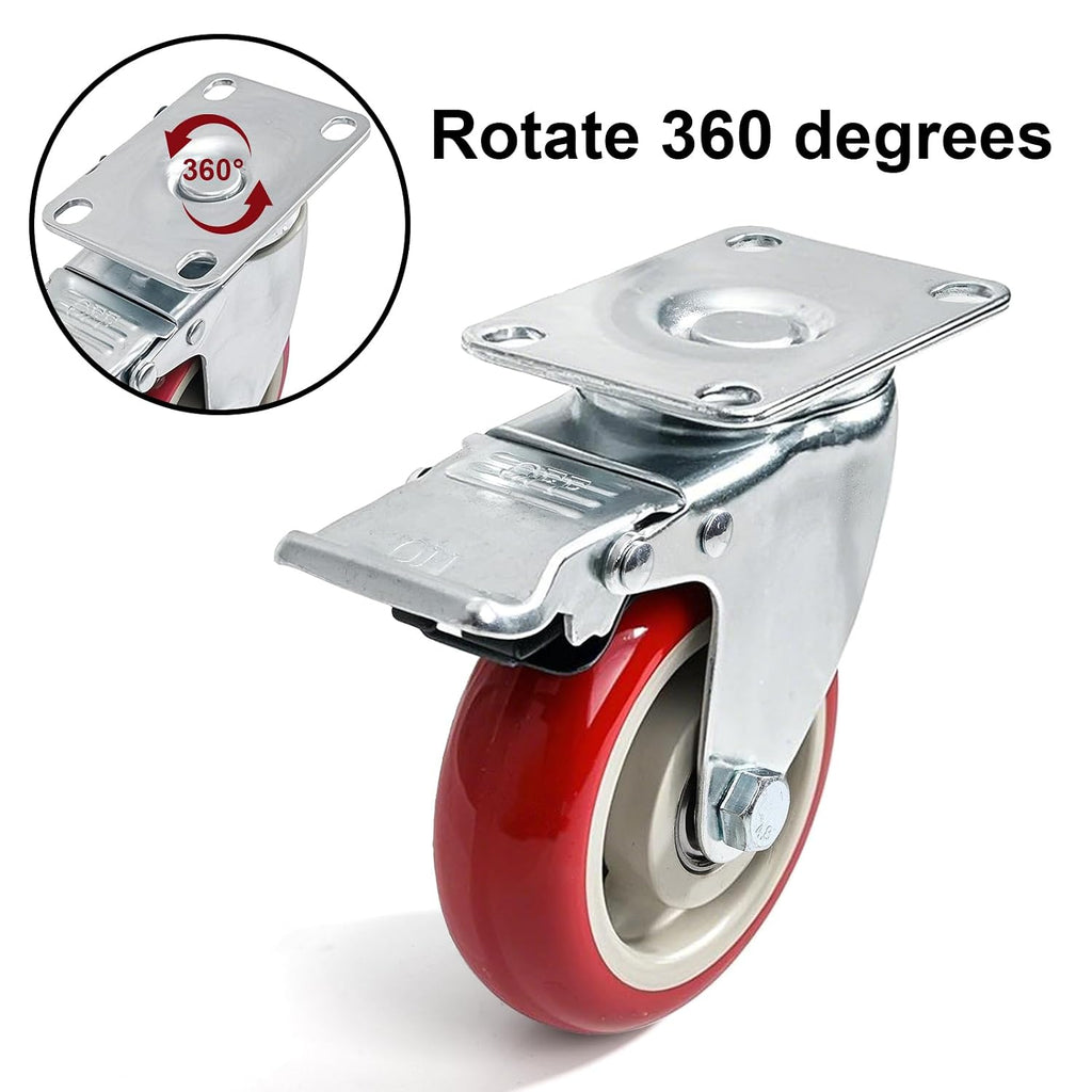 4-Inch Heavy Duty Swivel Caster Wheels Set of 4, Industrial Locking Rolling Plate Casters with Brake for Furniture