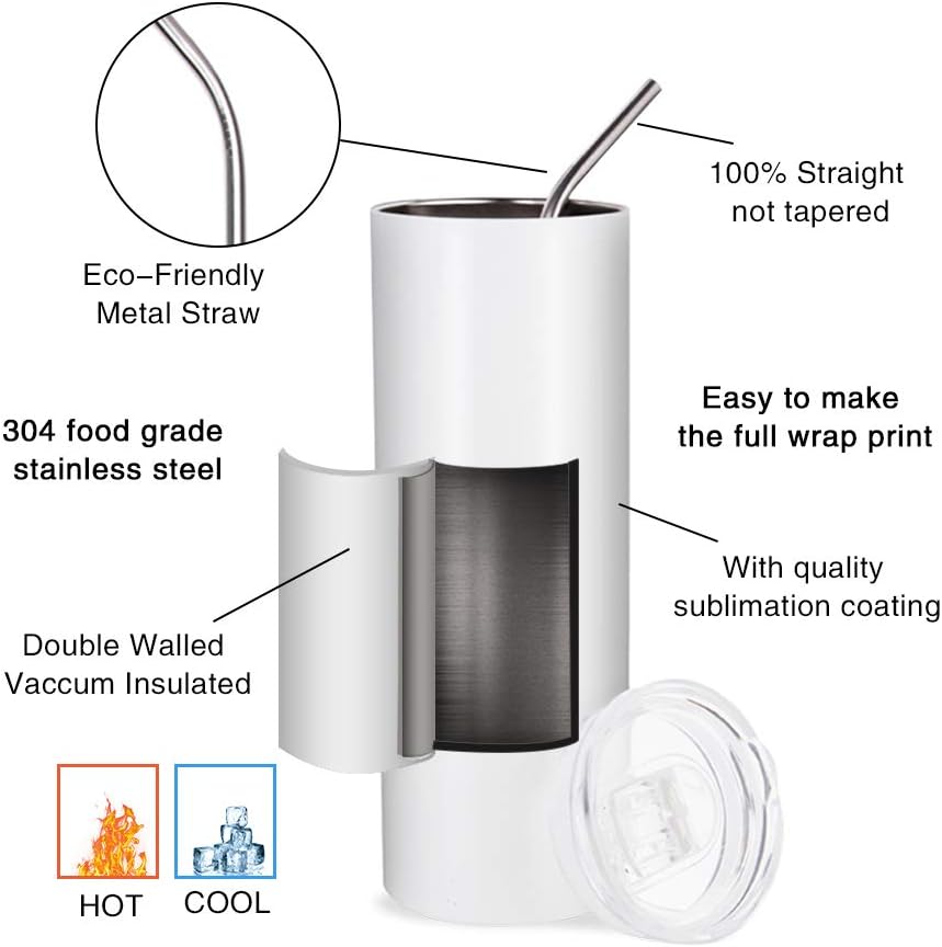 4 Pack Sublimation Blanks Tumblers Straight Skinny 20 OZ | Double Wall Stainless Steel Cups with Lids and Straw