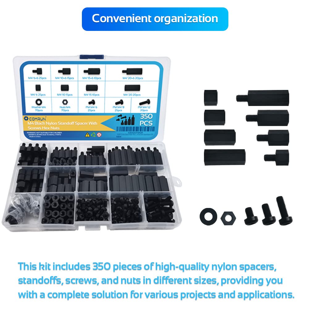 350PCS M2.5 Black Male Female Nylon Hex Spacer Standoff Screw Nut Set Assortment Kit (Black) for PCB Motherboard Circuit Board, Raspberry Pi and Hats