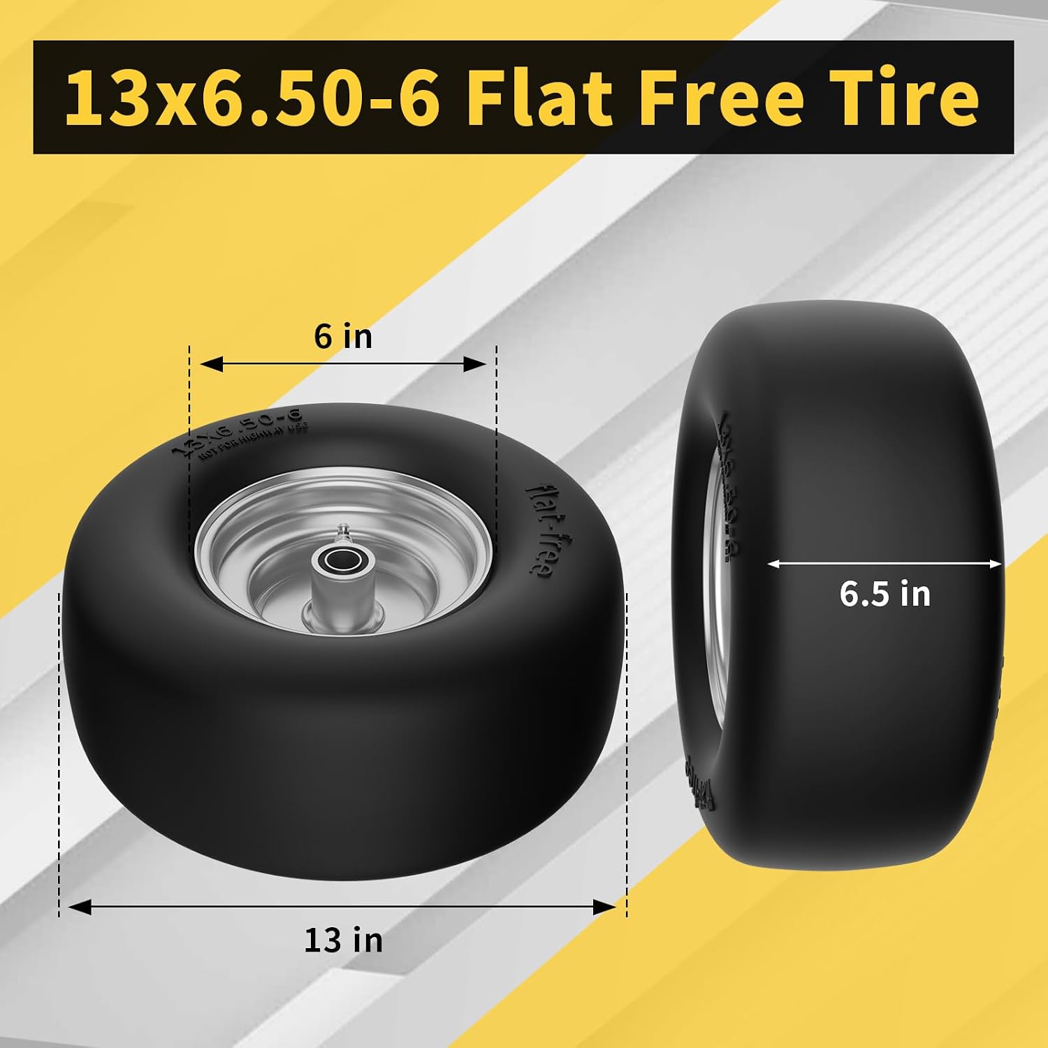 13x6.50-6 Flat Free Lawn Mower Tire and Wheel for Zero Turn Mower | Universal 3/4", 5/8", 1/2" Bearings, 500Lbs Load