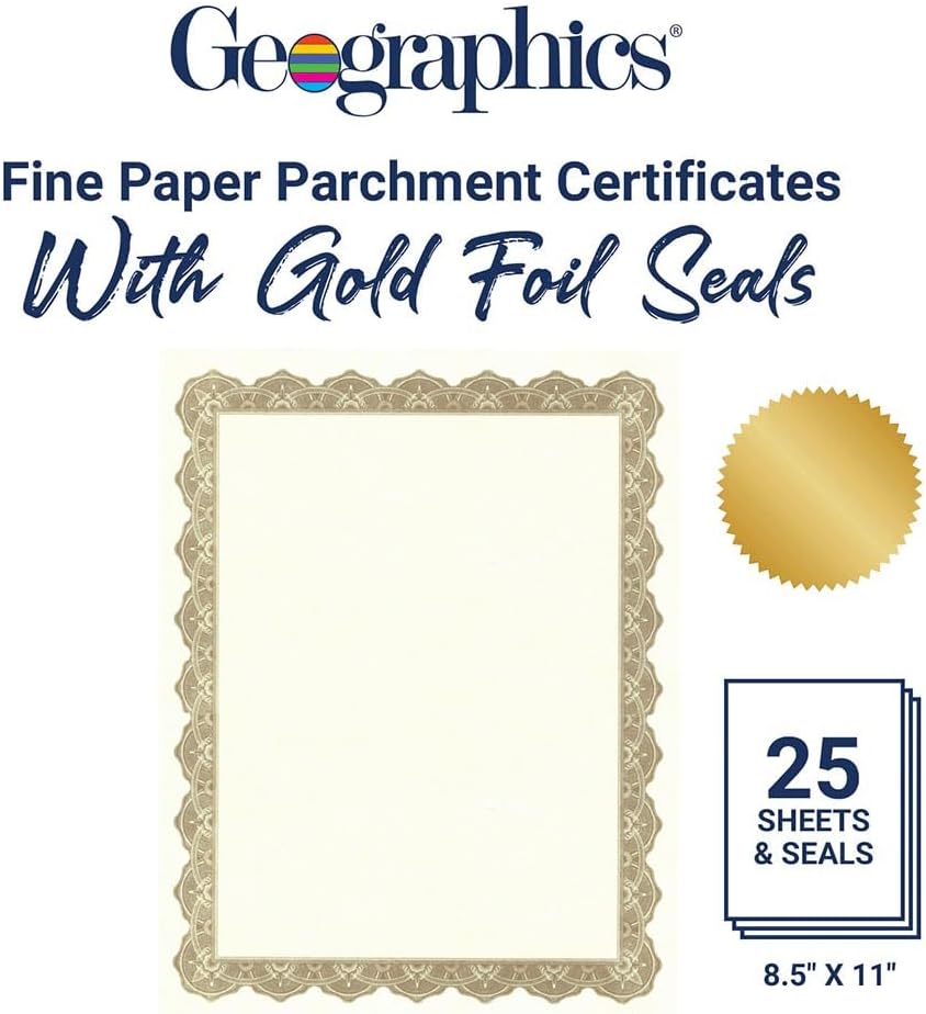 Optima Gold Blank Award Certificate Paper with Gold Foil Seals, 8.5 x 11", Seal 1.75" (Pack of 25)