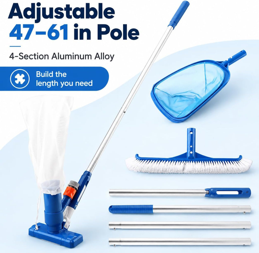 Pool Cleaning Kit for Above Ground Pools, Spa Jet Vacuum Cleaner with Skimmer Net & Pool Brush, 47-61 Inch Adjustable