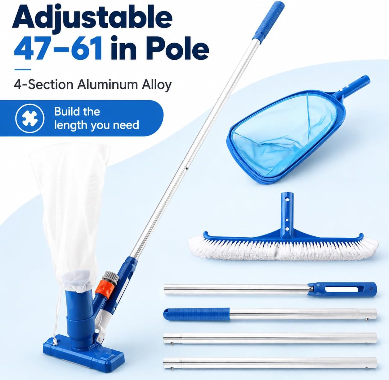 Pool Cleaning Kit for Above Ground Pools, Spa Jet Vacuum Cleaner with Skimmer Net & Pool Brush, 47-61 Inch Adjustable