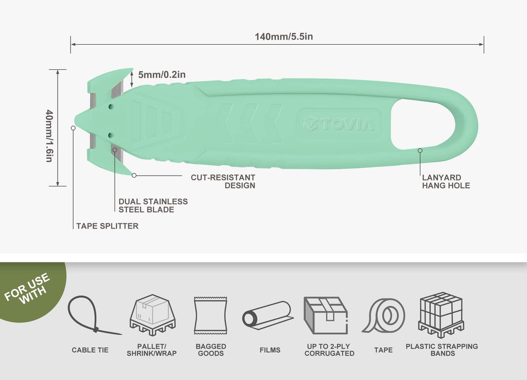 Safety Box Cutter, SK2 Concealed Blade Plastic Wrap Cutter, 10Pcs, Green