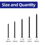 490 PCS 5 Sizes Black Hardware Nails Assortment Kit, Flat Nails, Wood Nails, Wall Nails, Common Nails