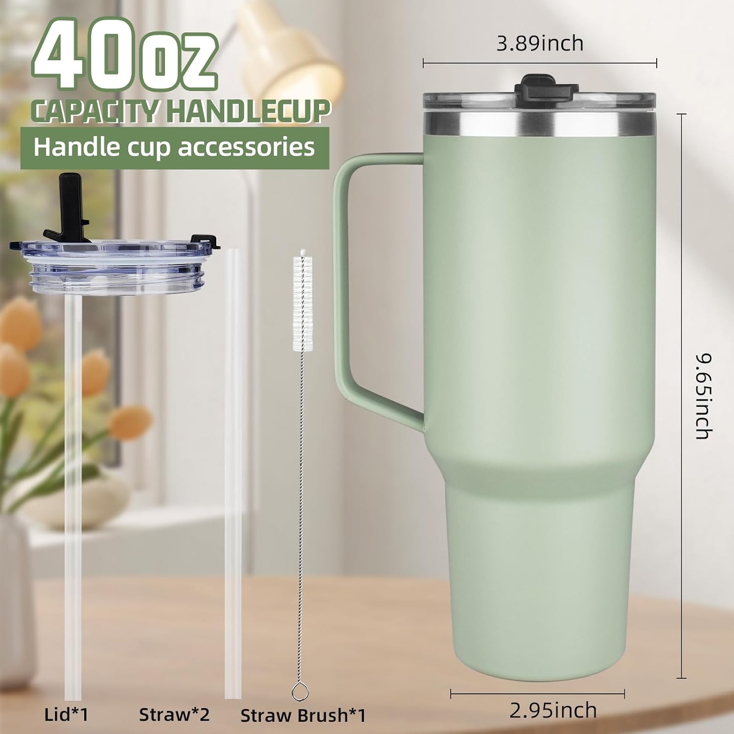 40 oz Tumbler with Handle and Flip Straw, 100% Leakproof Insulated Tumbler with Lid and Straw, Stainless Steel Travel