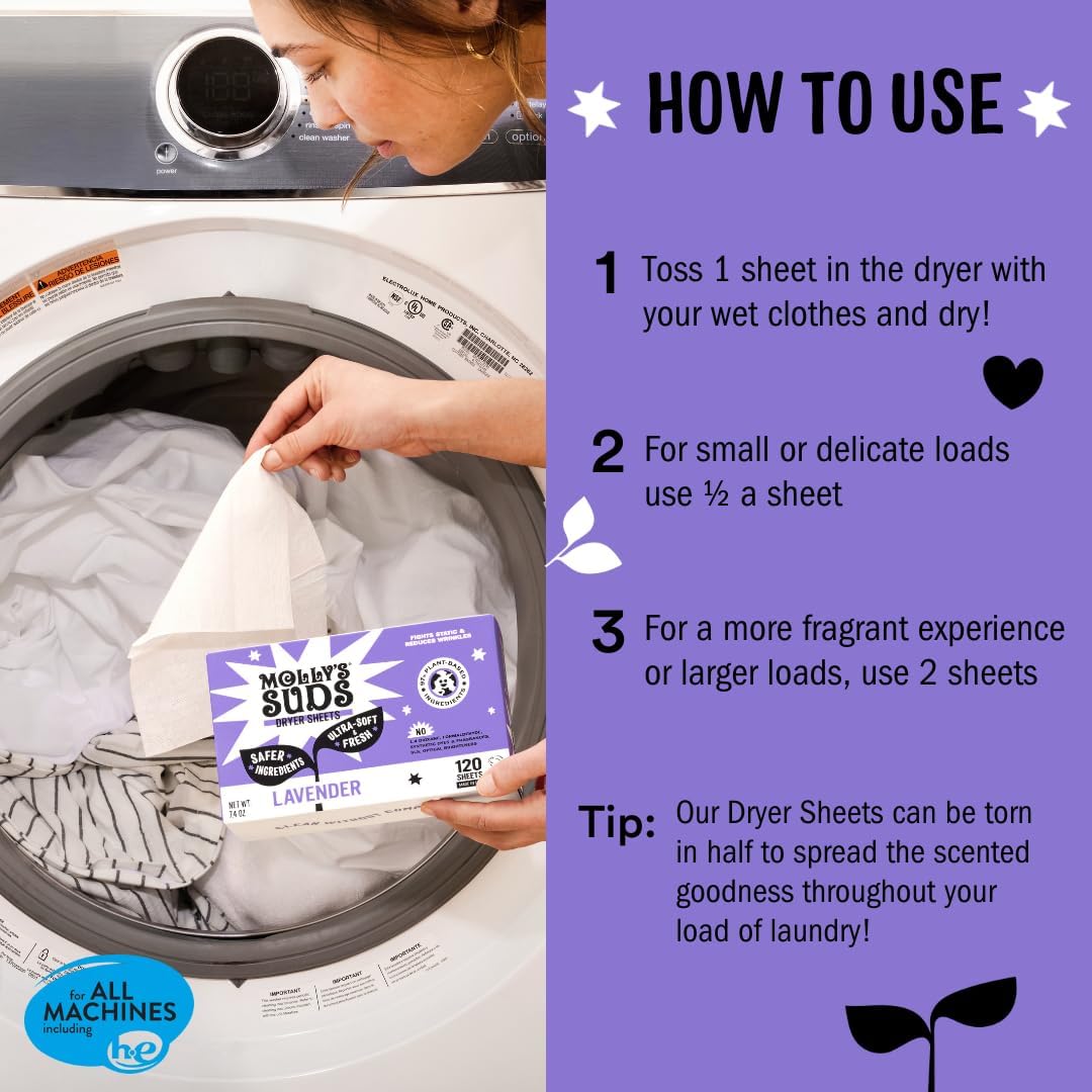 Fabric Softener Dryer Sheets for Sensitive Skin | Plant-Based Static Reducer, Plastic-Free Packaging | Lavender (120