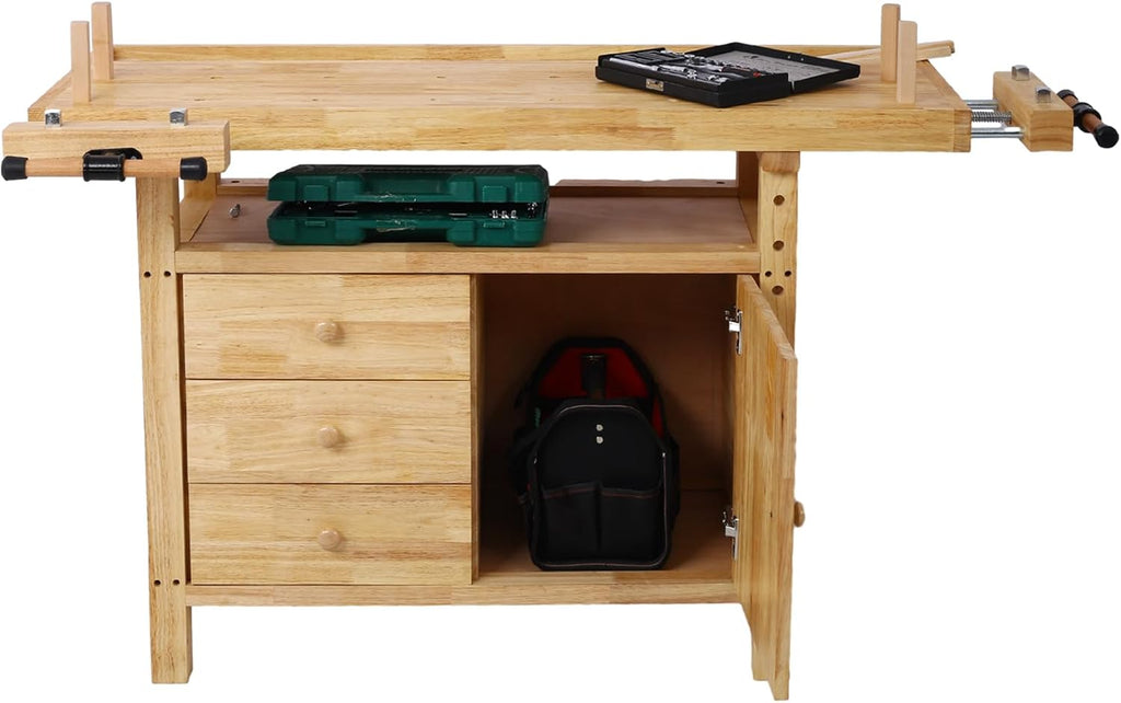 Wood Workbench with 3 Drawer & 1 Cabinet - Weight Capacity Heavy Duty Portable Wood Work Bench Table for Garage