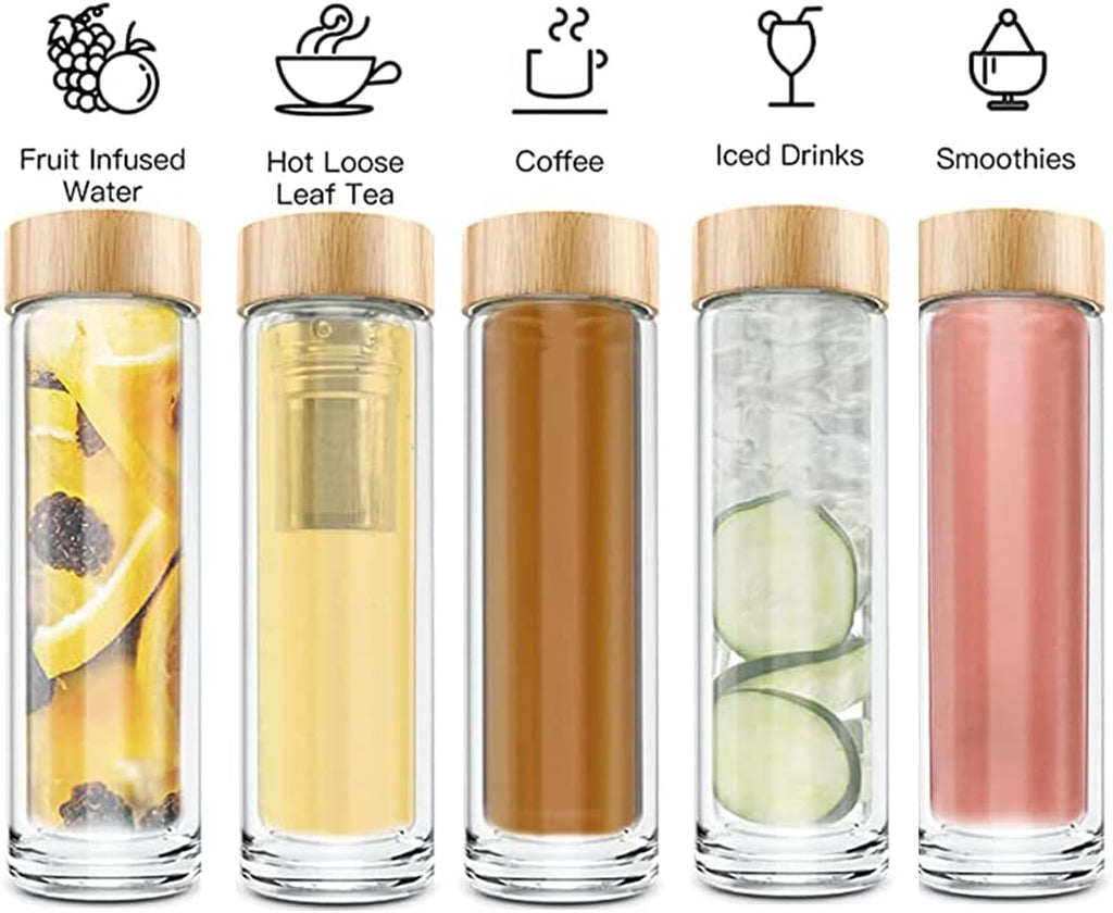 Tea Bottle, 14 oz, Borosilicate Glass, Double Wall, Infuser & Strainer, Bamboo Lid, 400ml