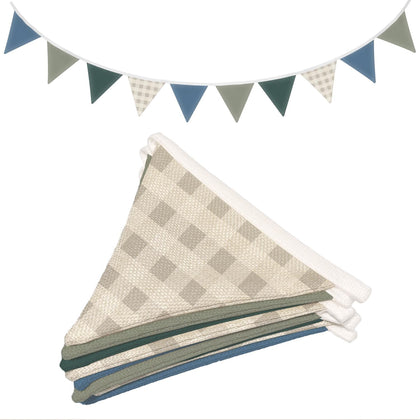 Boys Toddler Room Playroom Nursery Decor, Garland Triangle Banners Blue Grey,11Ft Vintage Warm Neutral Plaid Design