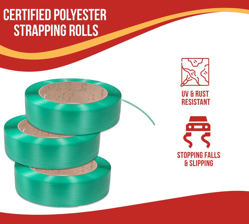 3/4" x 0.040" x 3000' Heavy Duty Polyester (PET) Packaging Strapping Roll - Green 16"x6" Core Size Hand Grade - 1800