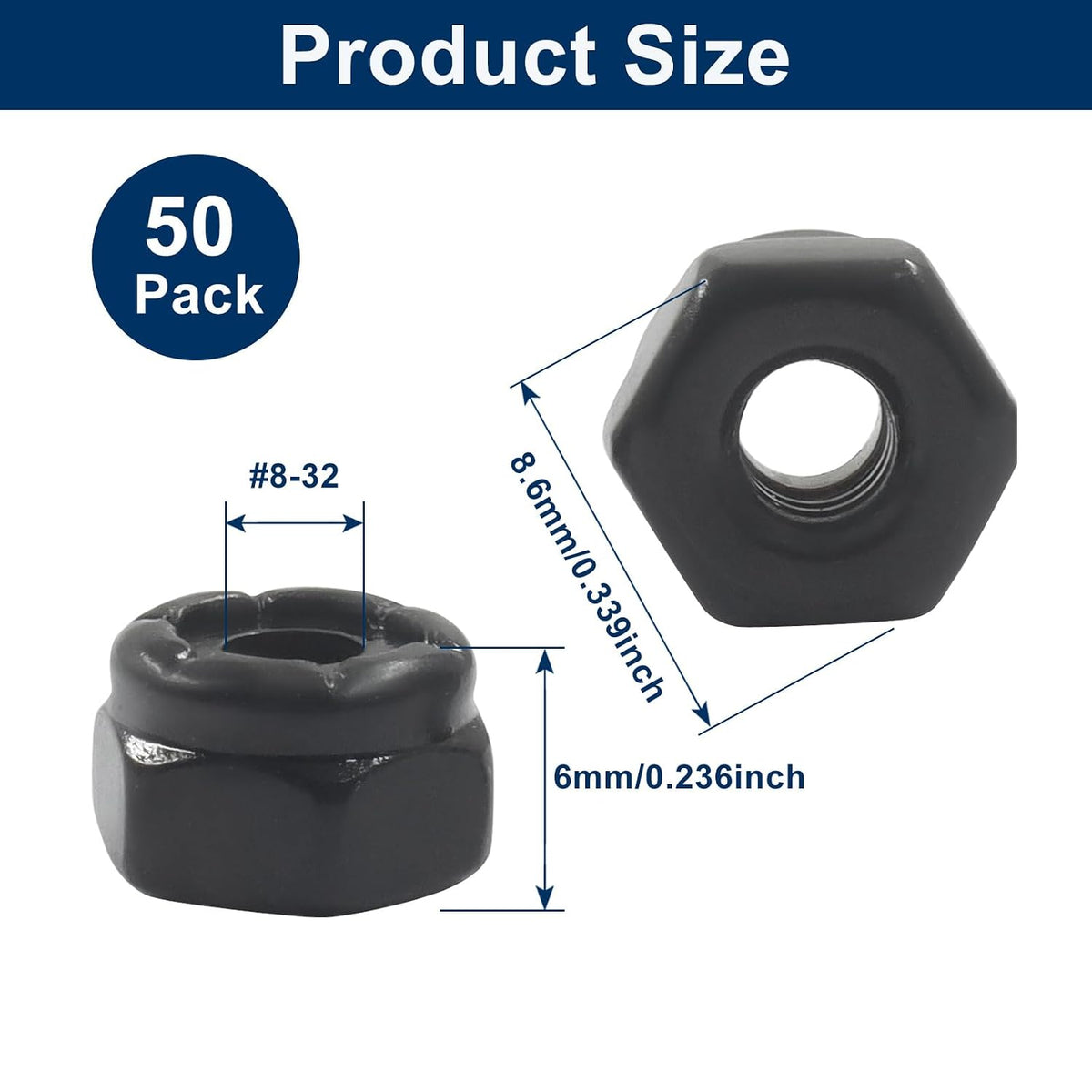 50 Pack #8-32 Nylon Insert Hex Lock Nuts