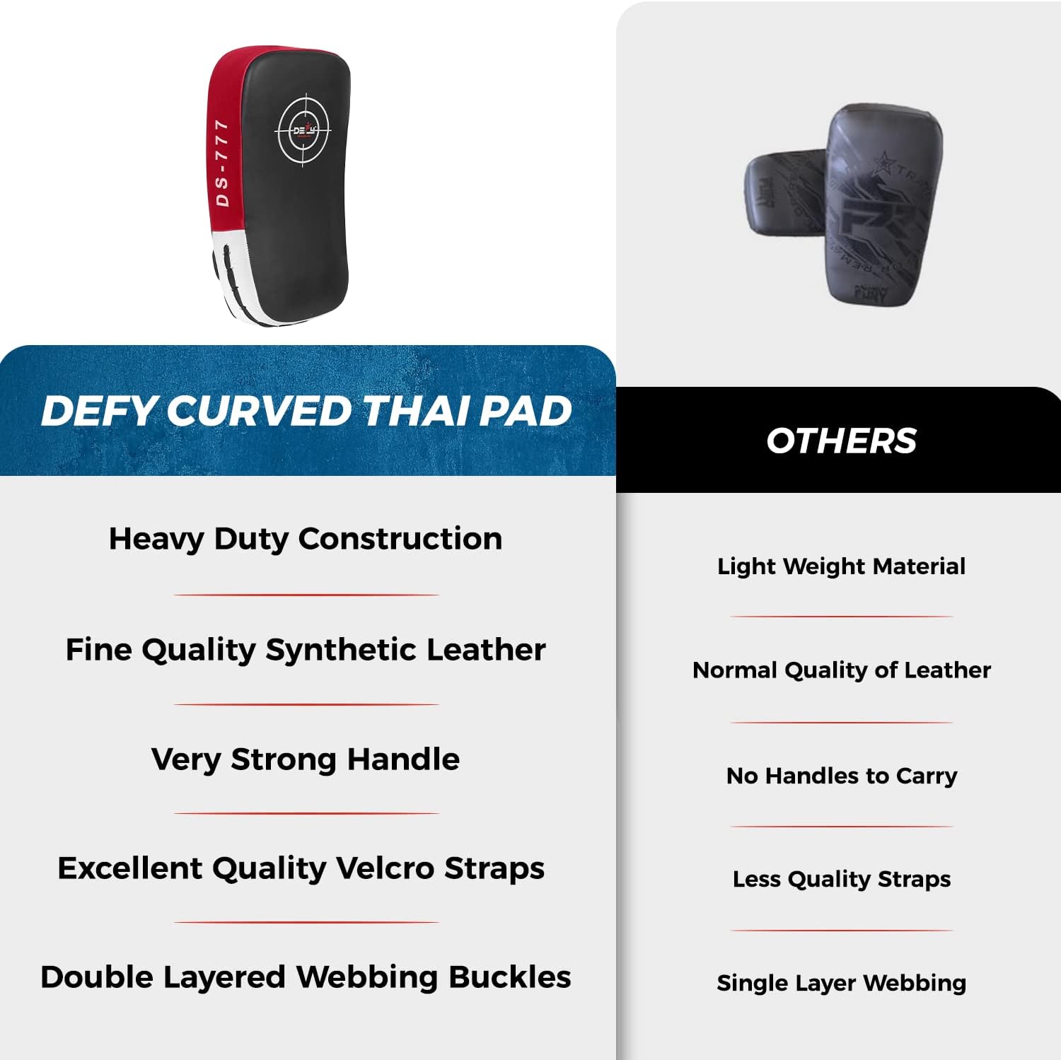 Defy Sports Leather Thai Pads - Strike Curved Karate Pads with Double Layered Buckle Straps - Perfect for Boxing