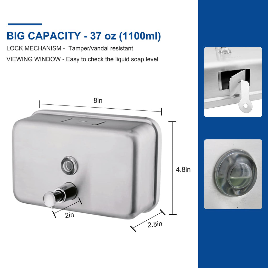 Commercial Soap Dispenser Wall Mount Stainless Steel, Horizontal