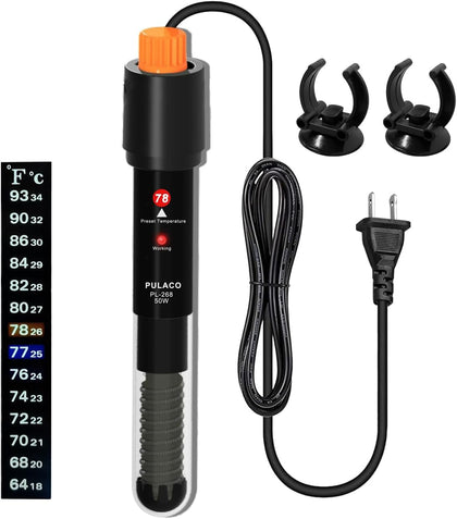 50Watt Aquarium Heater for 6-15 Gallon Fish Tank, Adjustable Submersible Heater Thermostat with Thermometer Strip and