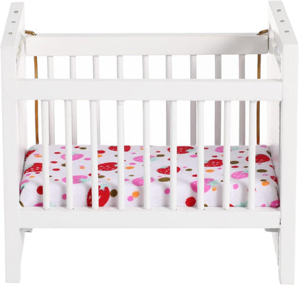 Dollhouse Miniature White Baby Crib, 1:12 Scale Wooden Rocking Cradle Furniture Compatible with Calico Critters Mice